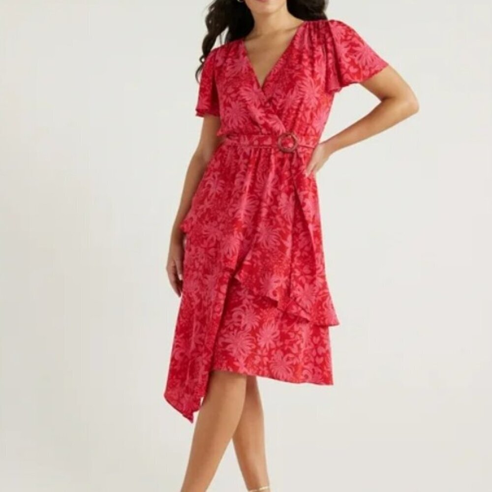 Sofia Vergara Red Floral Wrap Dress Large Lightweight Flutter Sleeve Summer Midi